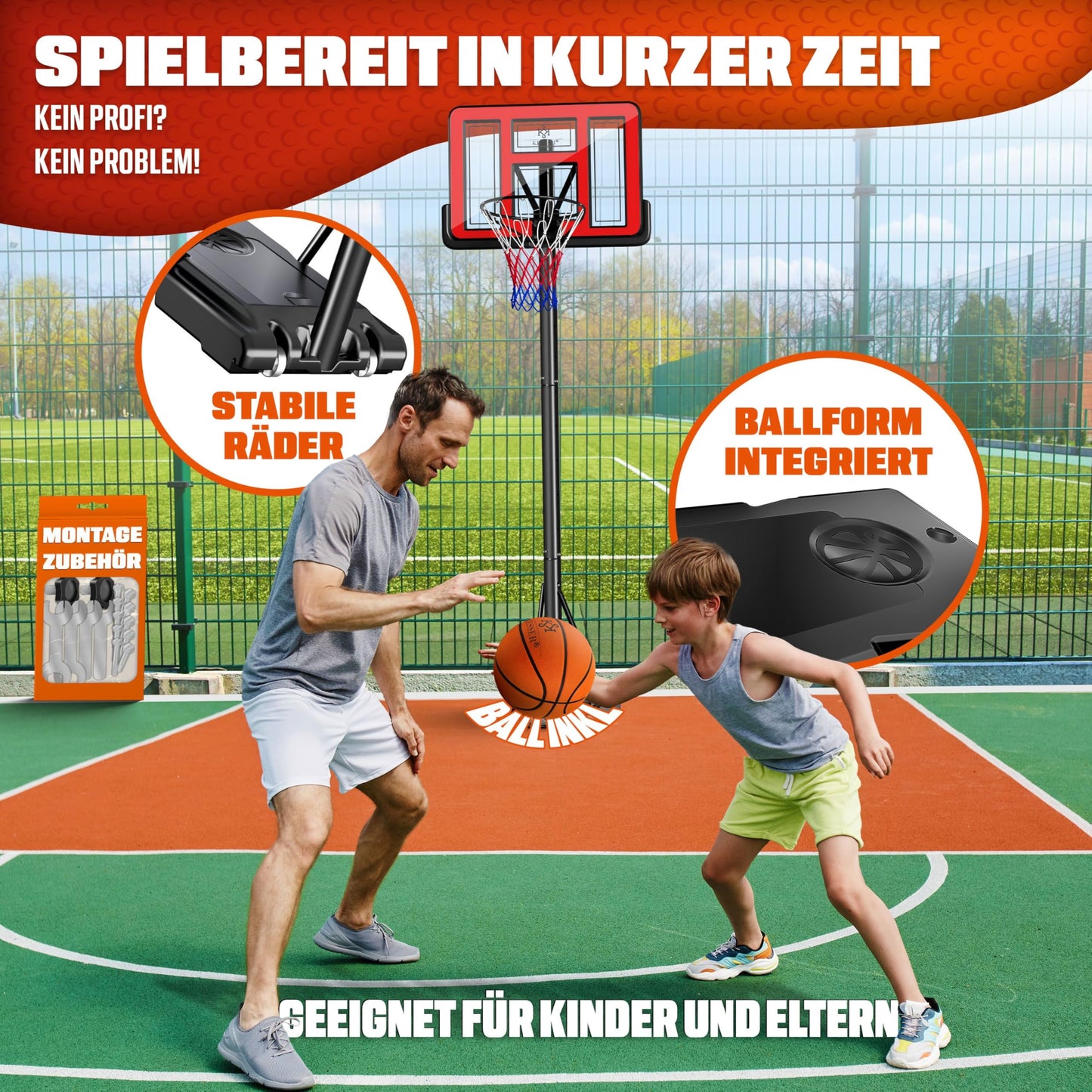KESSER® Outdoor basketball hoop with stand & wheels Incl. 2x nets, basketball & pump | Basketball system adjustable hoop height 230 to 305 cm Hoop stand for adults & kids