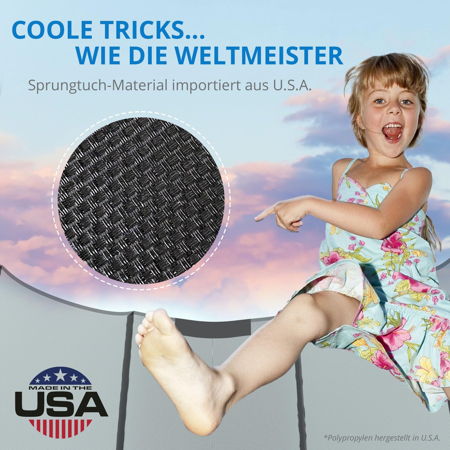 KINETIC SPORTS Trampoline Outdoor 'Salto Plus' Ø 183/244/305/366/400/430/490 cm - Complete Set for Kids, USA Jumping Mat, Net, Padding, Ladder - up to 160kg.
