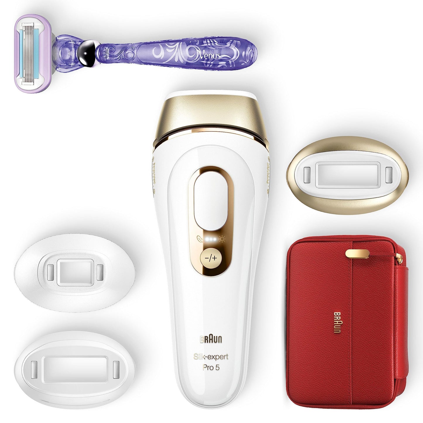 Brown IPL Silk Expert Pro 5 hair removal device for women/men, 3 attachments, visible hair removal, Designed in Germany, Venus razor, alternative to laser hair removal, PL5267, white/gold.