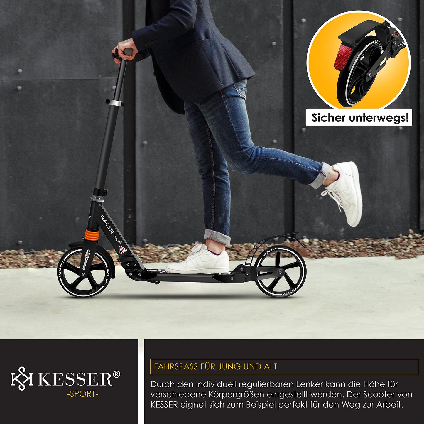 KESSER® City Scooter Scooter 205mm Wheels PU Big Wheel - Pro-S Kick Scooter with Dual Suspension, Foldable City Scooter and Adjustable Height, Includes Strap, Roller Kick Scooter for Adults and Children