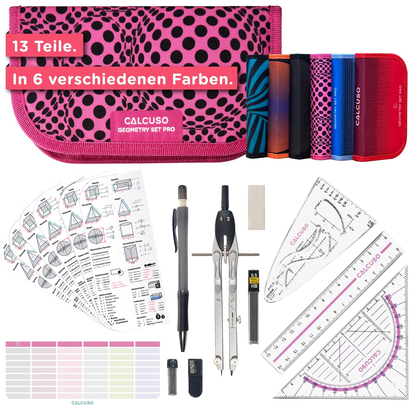 CALCUSO GEOMETRY SET PRO in pink pencil case with compass and protractor - Practical case for school, university, office and drawings - Ideal geometry set for school.