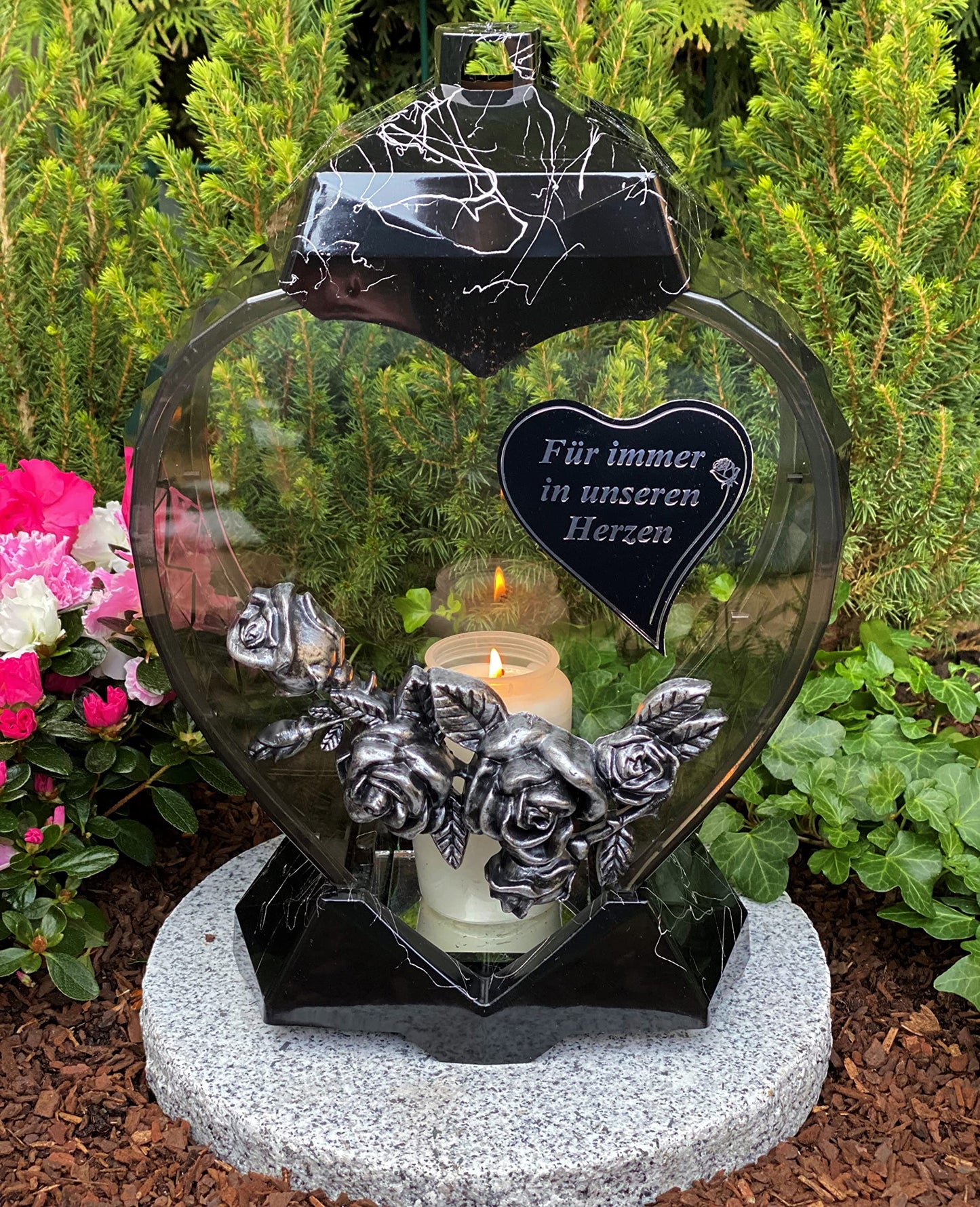 Grave lamp lantern heart shape with inscription "Forever in our hearts" grave light candle grave candle grave decoration 33 cm H.! Grave ornament New model incl. candle, black