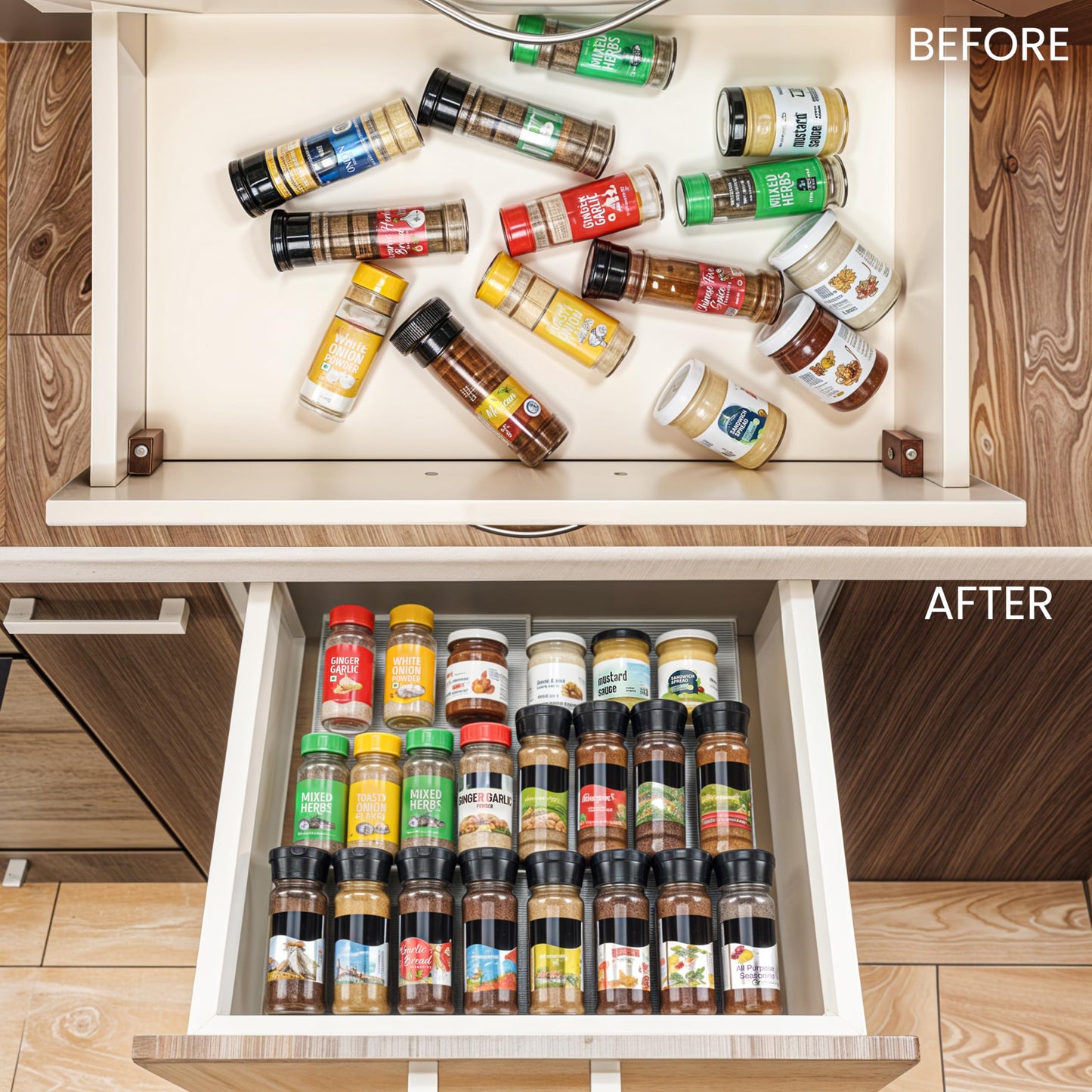 BELLE VOUS Spice Rack Drawer Pull Out, Spice Organizer Drawer 3 Tiers (2 Pcs) - Spice Storage Drawer Insert for Salt, Spices, Vitamins
