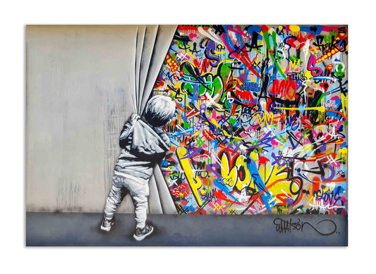 Wall art picture Banksy like - Boy behind the curtain - Canvas wall art, high-quality street art graffiti print I Wall decoration XXL ready to hang (80x120 cm)