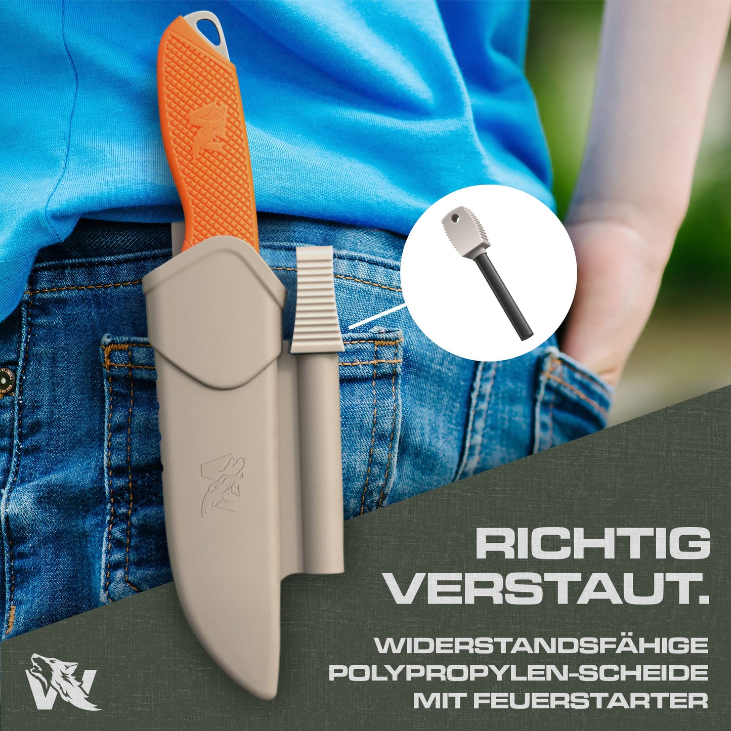 Wolfgang's W-KIDS - Carving knife for children with sweet children's knife license - Outdoor children's knife set with sheath and fire steel - THE children's carving knife for their first big adventure
