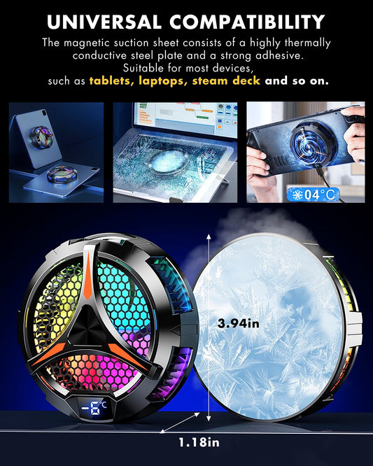 ACEDAYS iPad Cooler, magnetic tablet cooler for iPad/Surface Pro/Samsung Tab, compatible with Steam Deck, universal radiator with temperature display for mobile gaming, Tiktok Live Streaming.
