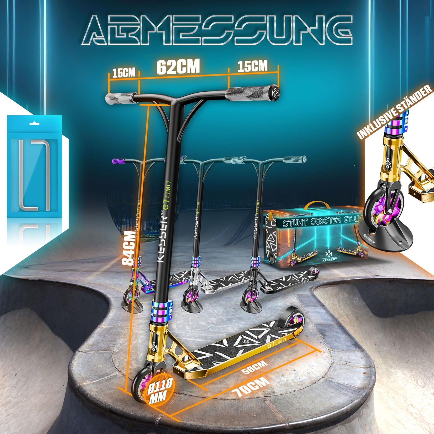 KESSERยฎ Stunt Scooter GT-Limit 360ยฐ Steering Freestyle Scooter Trick Scooter with Stand ABEC 9 Bearings, 110 mm PU Wheels, Kick Scooter Push Scooter City Roller Trick Scooter for Kids Adults