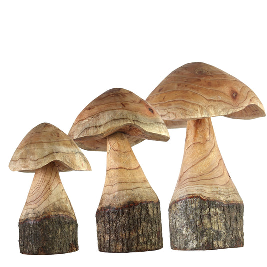 ART-CRAFT Natural wooden mushroom decoration set with 3 hand-carved mushrooms 35-30-25 cm tall - For balcony, terrace, garden.