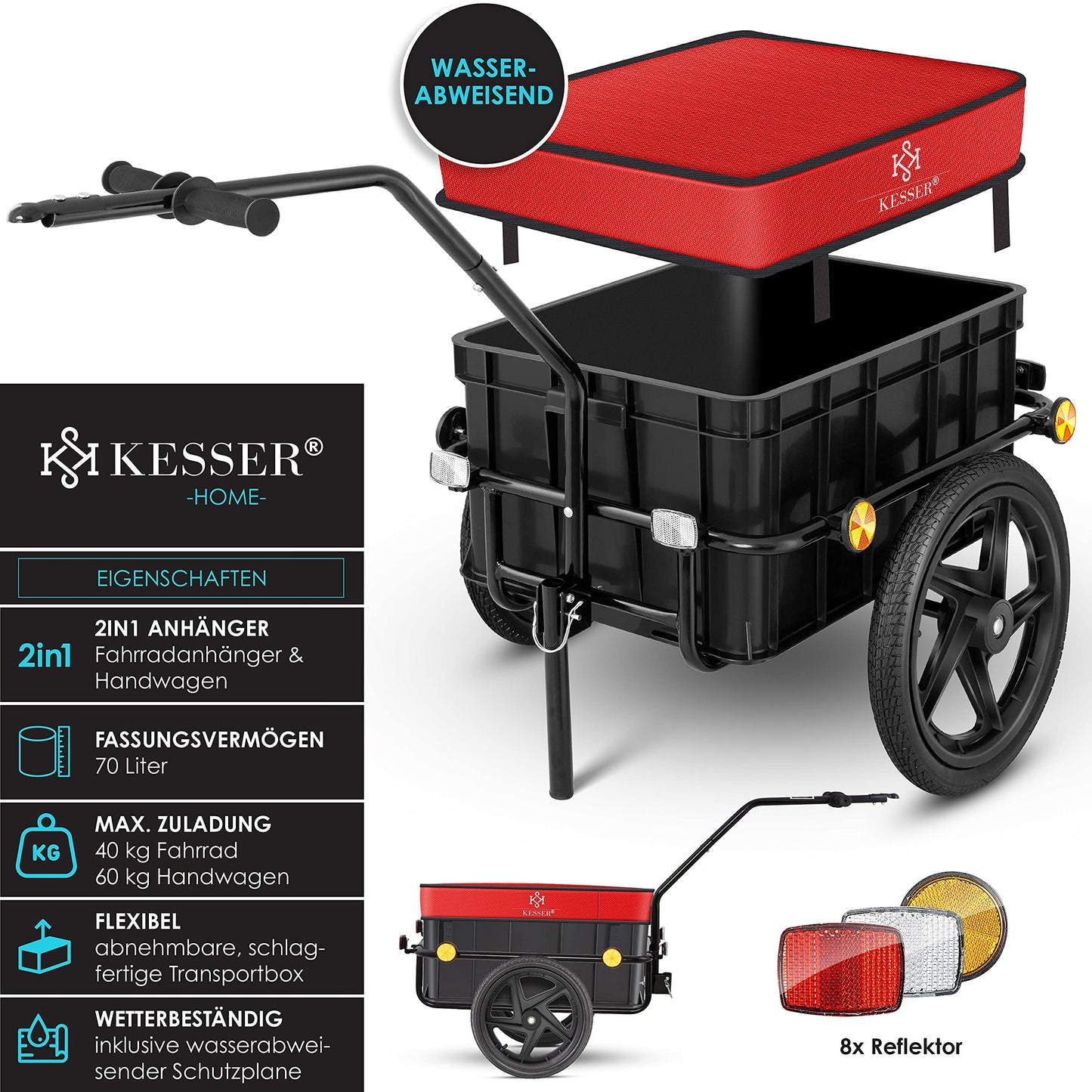 KESSER® Bike trailer, cargo trailer, hand cart with coupling, high drawbar, for transporting bikes. Transport box with 70 liters volume, max. 60kg, + accessories for bikes with 26-28 inches, red.