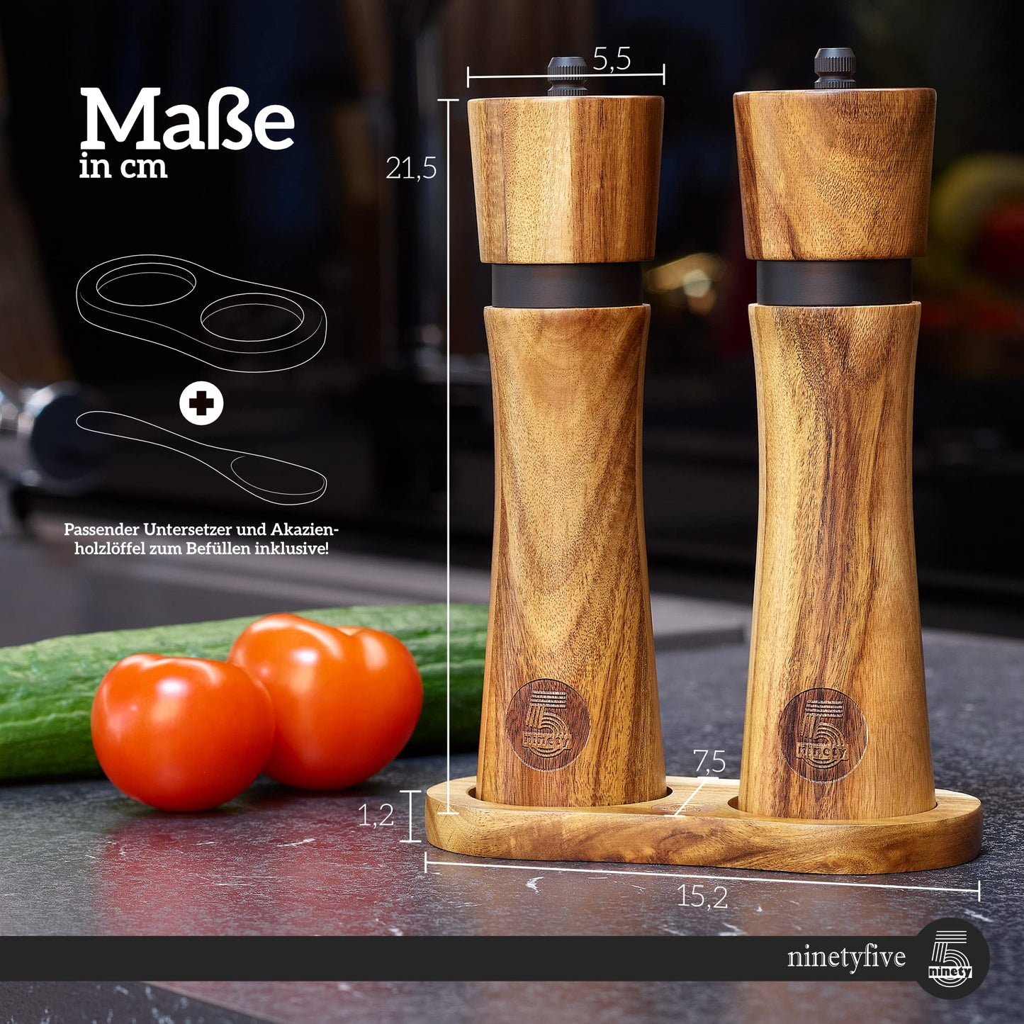 ninetyfiveยฎ premium wooden pepper mill set | salt and pepper grinder + coaster and filling spoon made of acacia wood | spice mills with ceramic grinder (21cm) | high-quality gift packaging