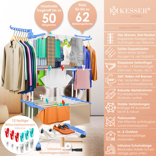 KESSER® Laundry Rack Tower with Wheels Space-saving clothes dryer for indoor & outdoor use 4 levels 2 swiveling side wings and 6 folding levels Standing dryer laundry tower Foldable, incl. Clamps