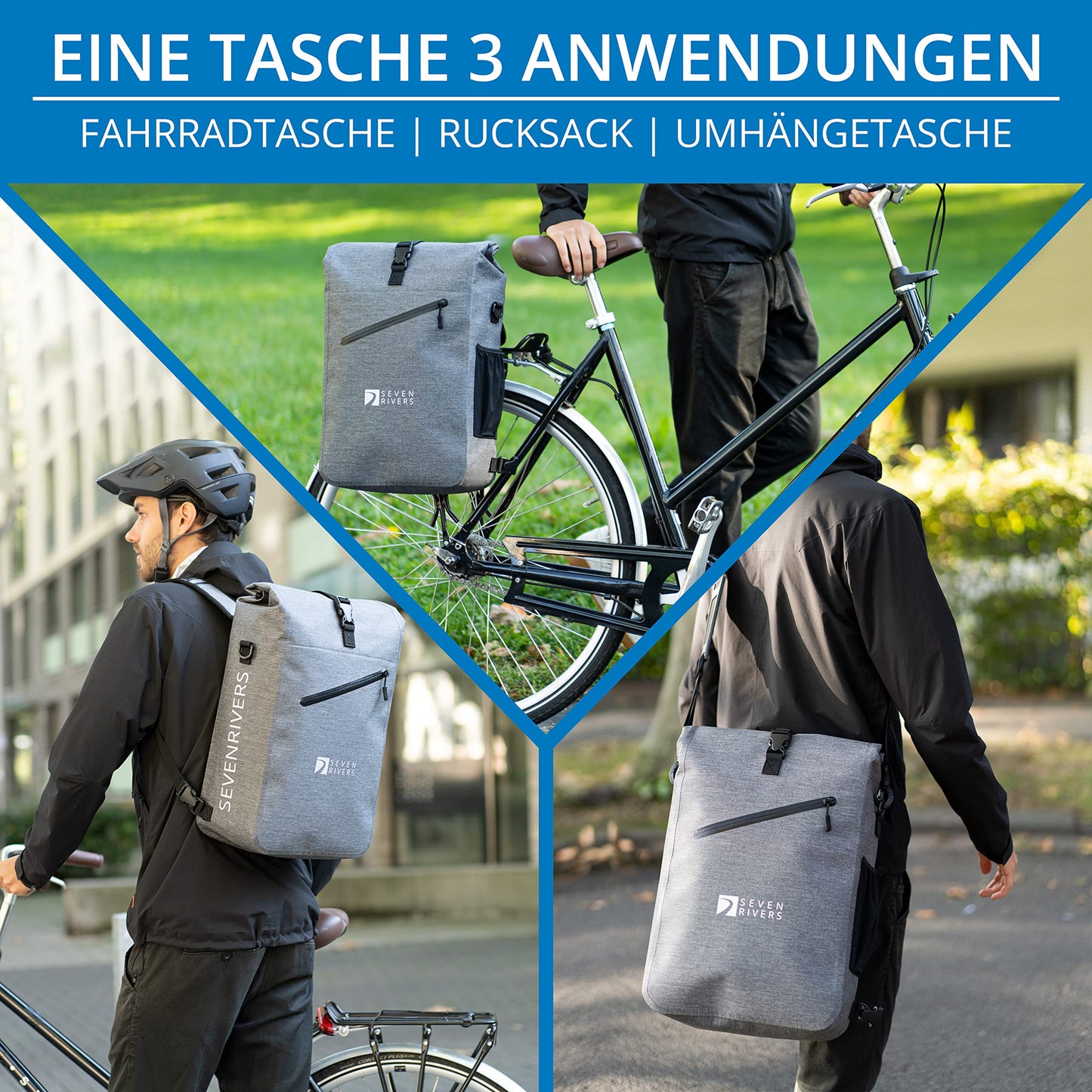 SEVENRIVERS 3 in 1 bike bag - backpack, luggage carrier bag & shoulder bag in one - waterproof & PVC free - incl. laptop bag (24L) (gray)