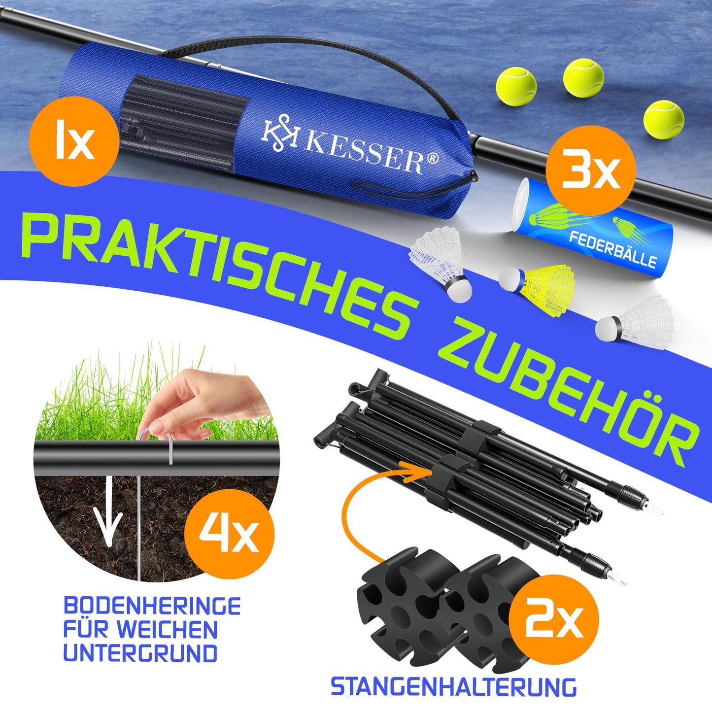 KESSER® Badminton Net Tennis Net | Badminton Net 3-Way Height Adjustable 107/120/155cm, sturdy frame, set with net, 3X shuttlecocks & 3X tennis balls, mounting accessories, carrying bag, indoor & outdoor