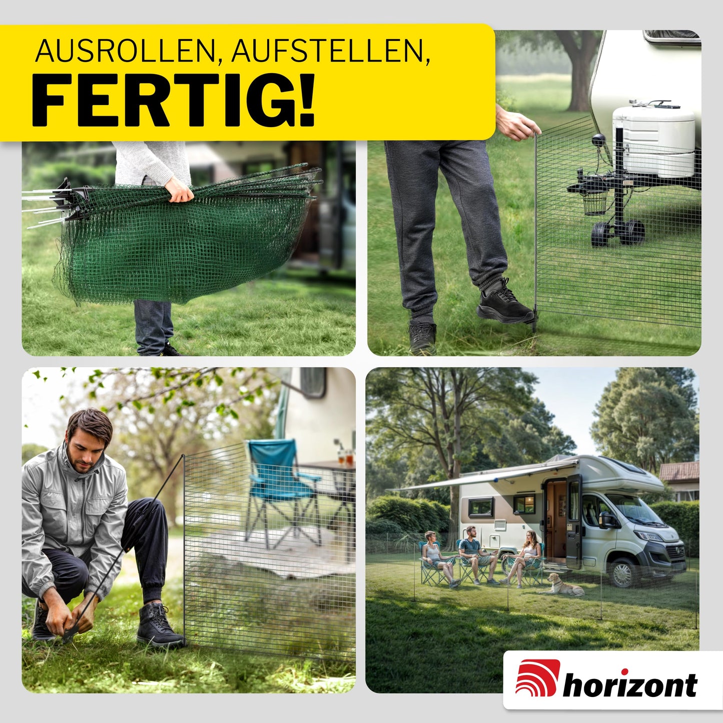 Horizontal boundary fence FIX, mobile fence 25m long, 120cm high, perfect for large pets, dog fence, camping, garden net, including 15 poles, barrier fence, snap-on fence, running area for dogs.