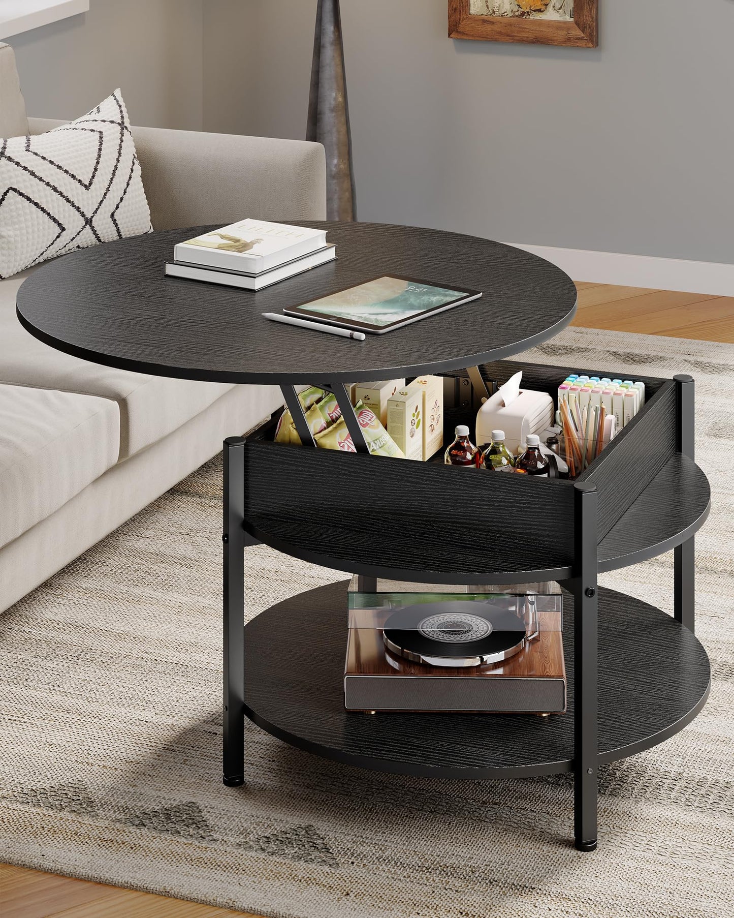 Round coffee table with lift top, height-adjustable coffee table, side table, living room table with hidden storage, open compartment, metal frame, for living room, office, 70 x 70 x 50 cm, Black