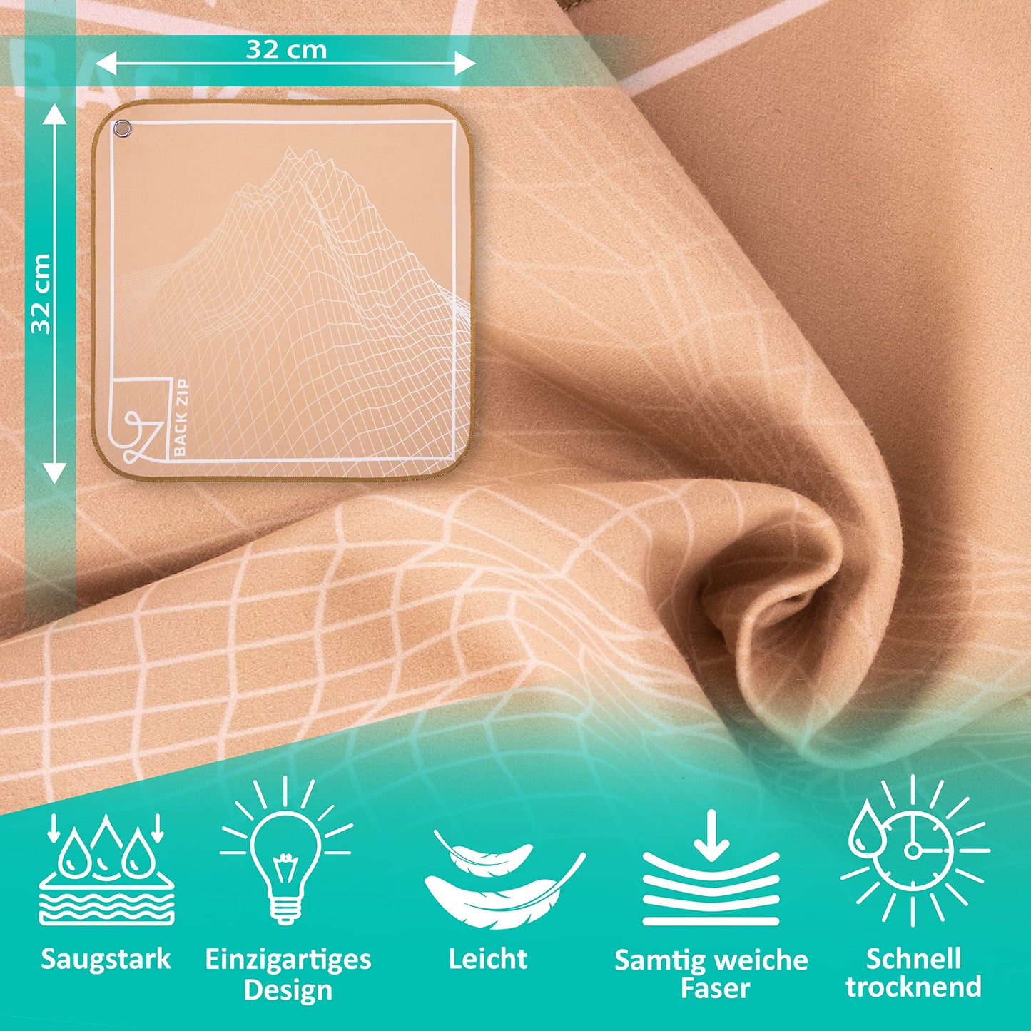 Back zip KEENON Sports microfiber towel with carabiner roll - ideal as a sweat towel - hiking accessory - mini towel, sports towel, face towel quick-drying