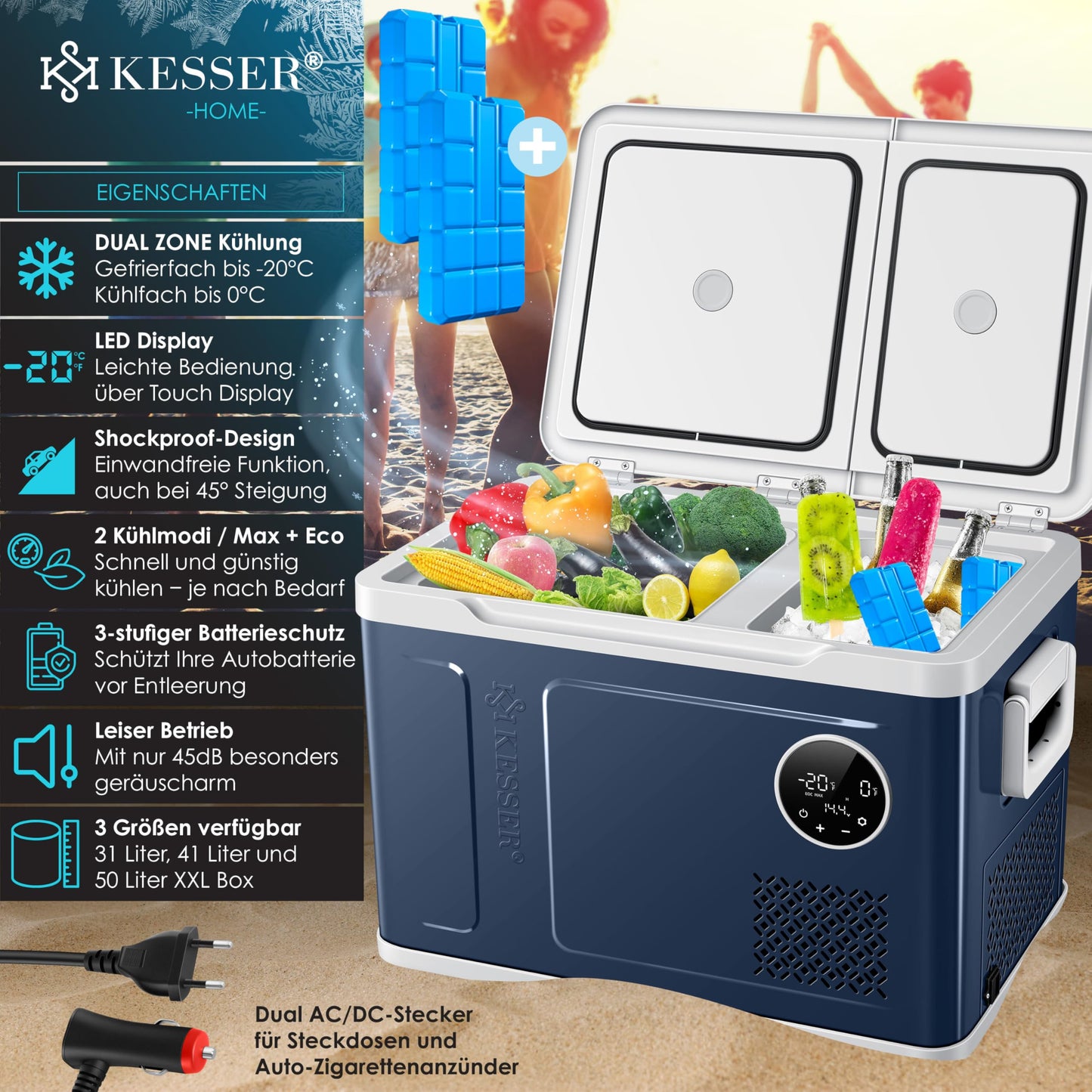 KESSER® Compressor Cooler Box 2in1 Dual Zone Cooling & Freezing Compartment 40 liters electric Freezer Box with 2x Cooling Packs & LED Touch Control | Refrigeration Cooling up to -20°C for Camping, Car, Truck 12/24V 230V