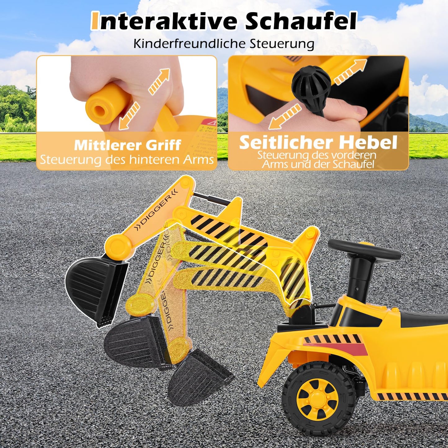 COSTWAY Ride-On Excavator for Kids, with Adjustable Shovel & Storage Space under the Seat, Excavator with Engine Sound & Tipping Protection, Ride-On Excavator for Children aged 1 year+