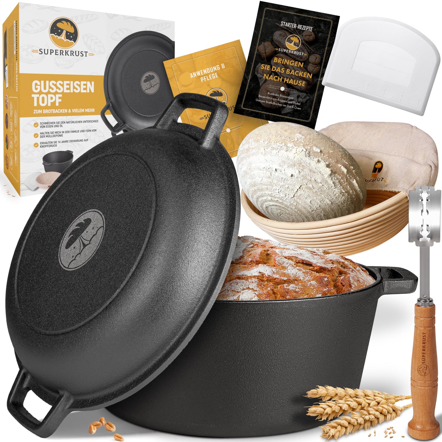 SUPERKRUST Cast Iron Pot Bread Baking including proofing basket, baker's knife & dough scraper - bread baking form with lid 26cm - Ideal bread pot, cast iron pot bread baking, bread baking accessory, bread form.