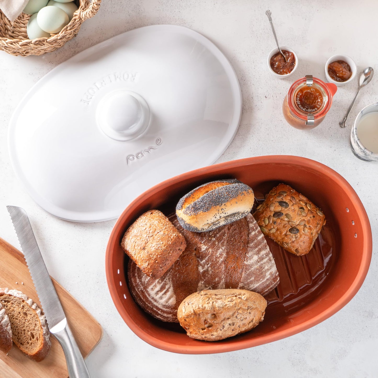 Roman pot bread pot white 6.5 liters - oval bread container made of natural ceramic with lid - for storing bread, rolls, fruit & vegetables - breathable & dishwasher safe.