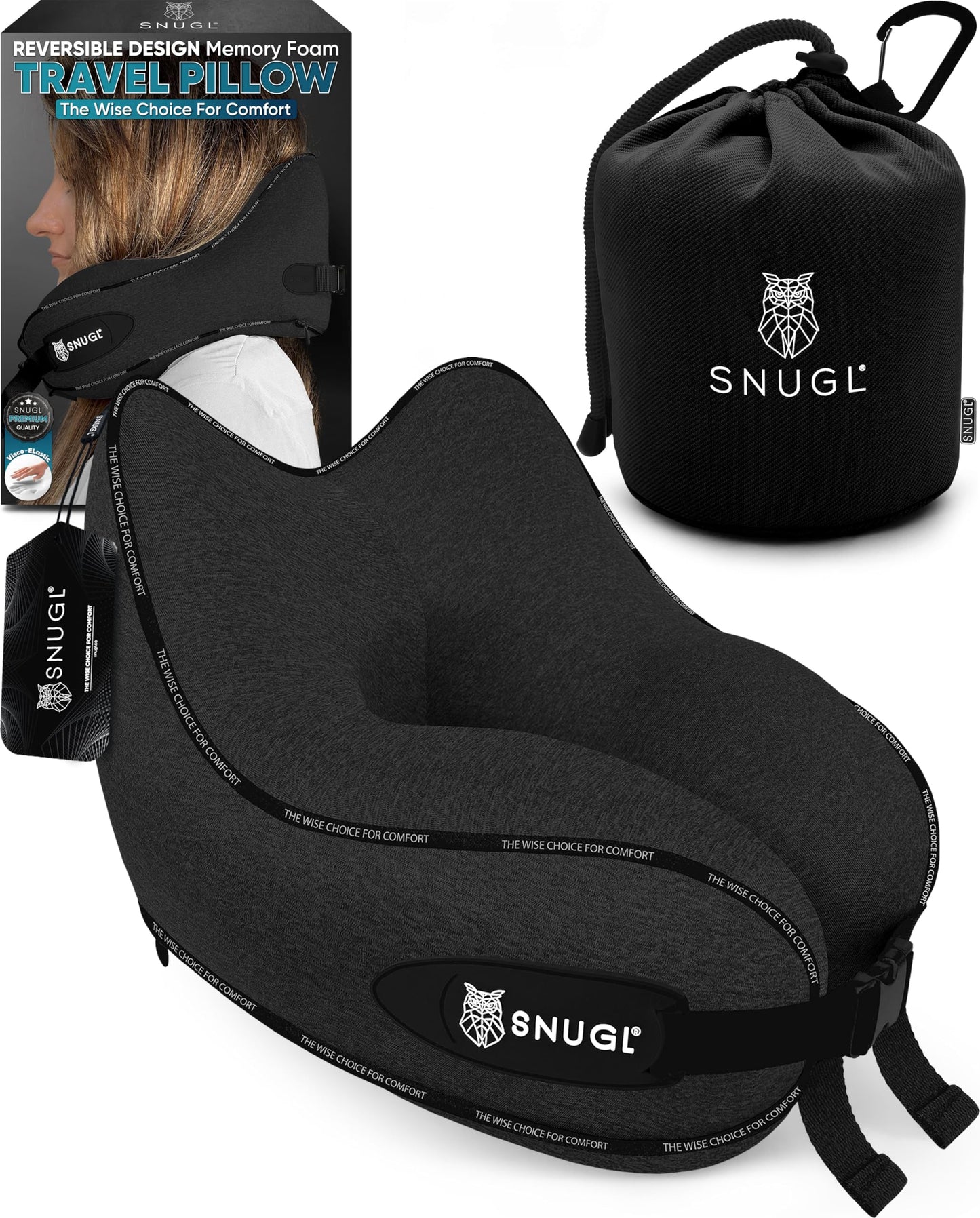 SNUGL Neck Pillow Memory Foam Washable & Adjustable | Cozy Neck Travel Pillow for Airplane, Car & On the Go | Travel Pillow Neck Cushion, Neck Travel Pillow (Black, Adult Small)