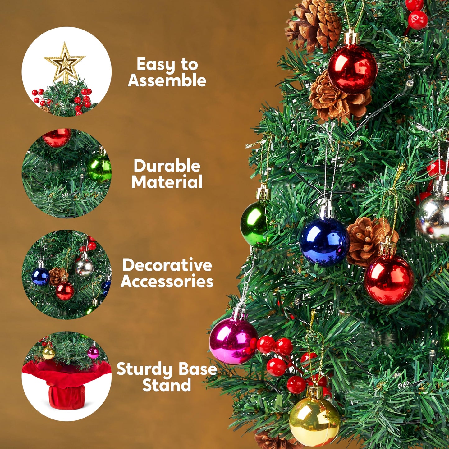 JOIEDOMI 24"/2FT Pre-lit Tabletop Christmas Tree with warm lights, holly berries, and pine cones for a beautiful Christmas decoration.