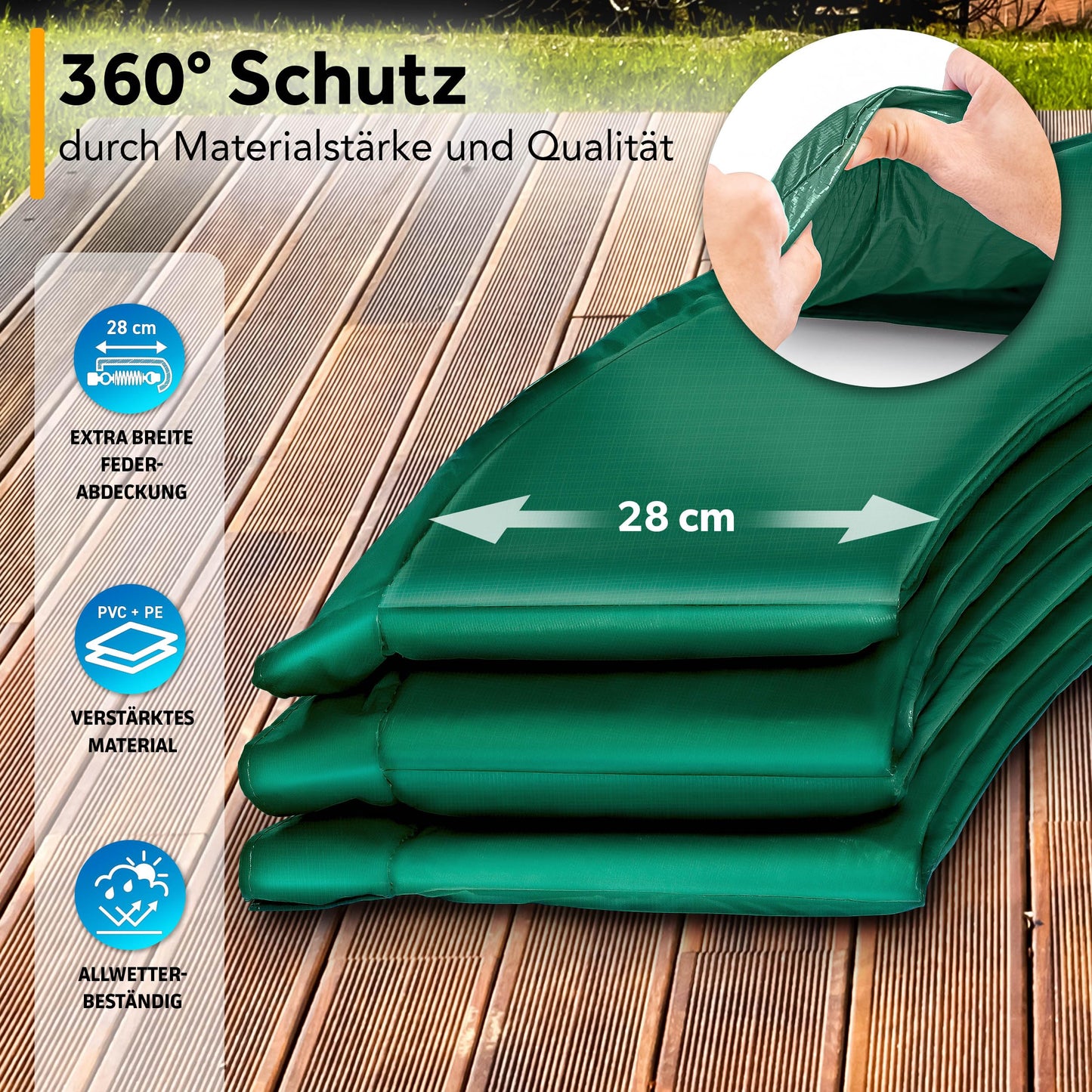 KIDUKU Trampoline Edge Cover | Ø 244cm 305cm 366cm 427cm | tear-resistant | 100% UV resistant spring cover edge protection (Green, 305 cm)