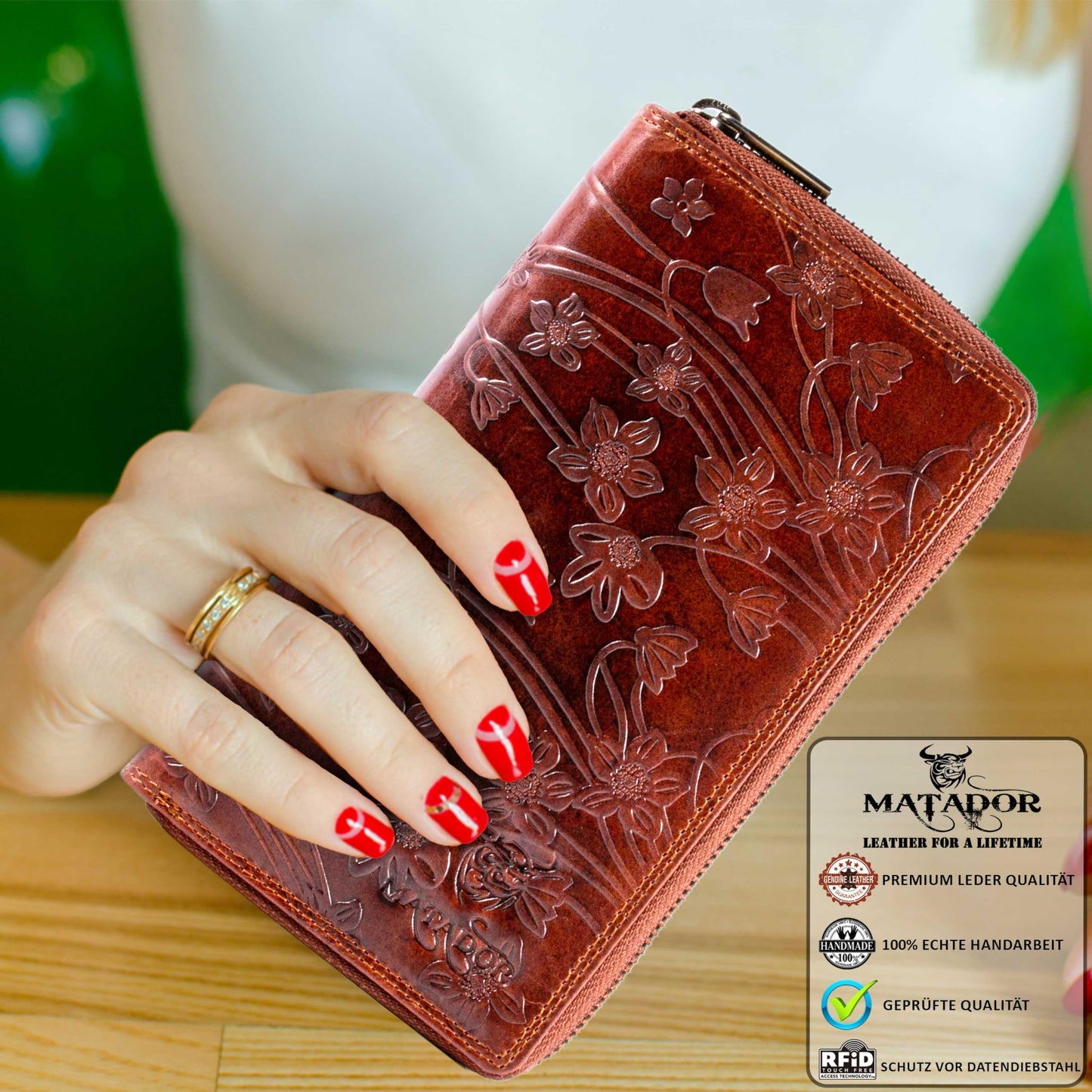 MATADOR Women's Large Leather Wallet #Madrid with elegant Gift Box, Stylish Women's Wallet Large with RFID Blocker, Luxury Women's Wallet with Many Card Slots in Floral Brown.