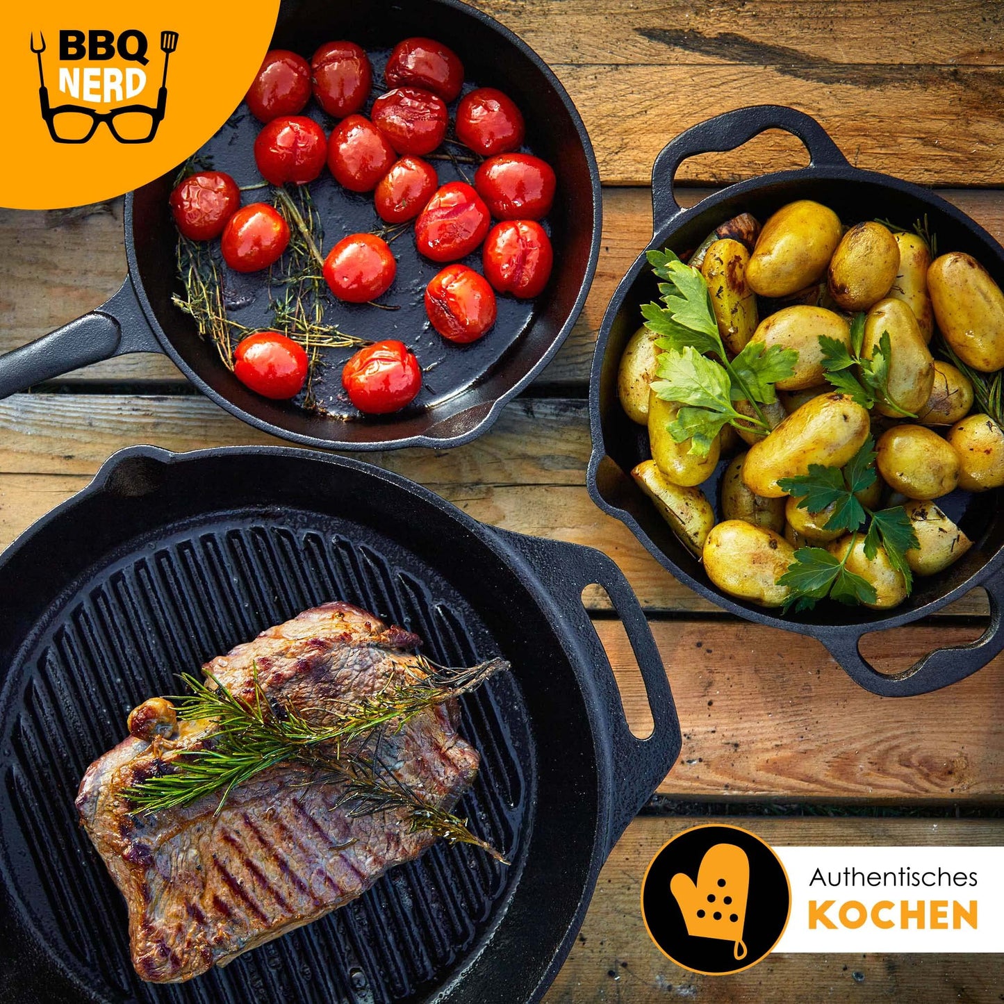 BBQ Nerd Cast Iron Grill Pan - with ridged bottom for beautiful grill marks - Steak Pan Ø 35 cm 4550g with spout and handle - Non-stick pan Skillet Outdoor Pan