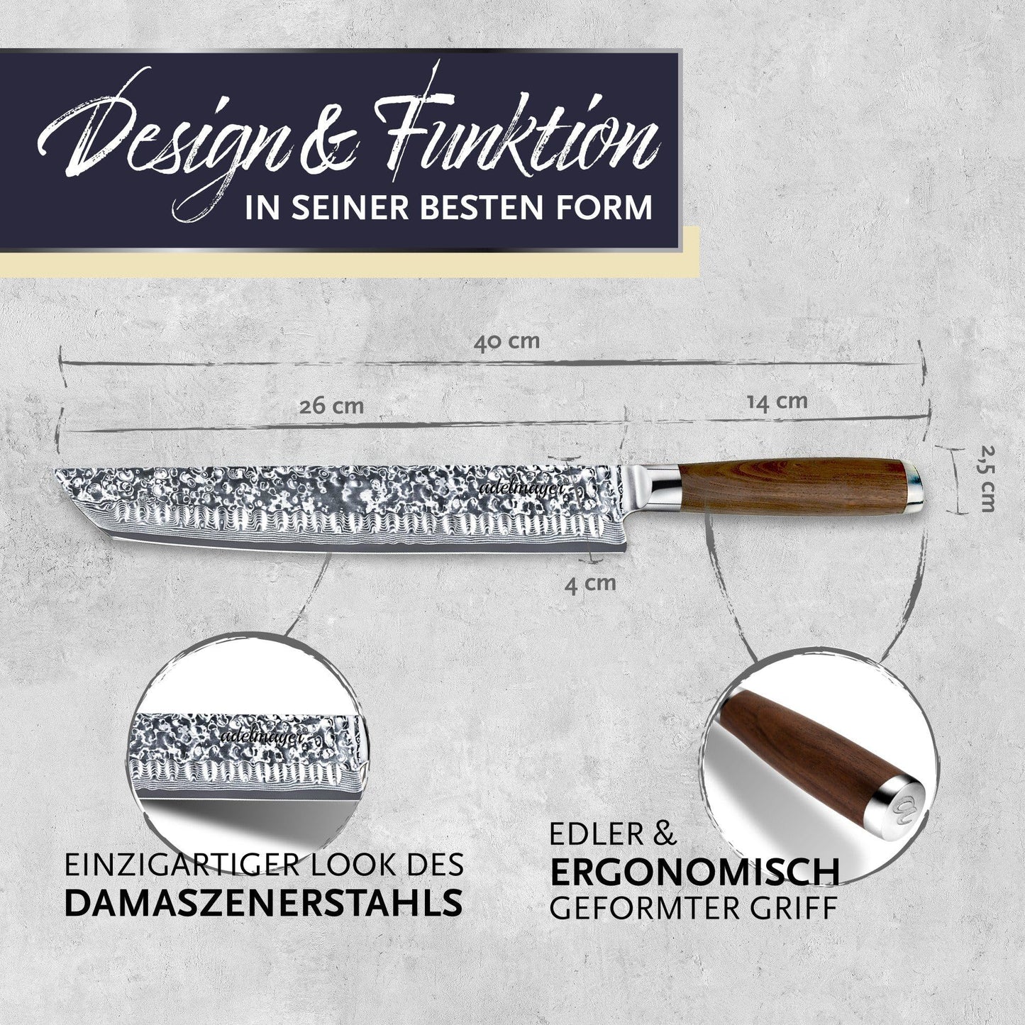 adelmayer® Damascus Knife - Brisket Knife (Blade: 26 cm) - Carving Knife made of Japanese Damascus steel with kullenschliff - extra-long knife for BBQ meat and beef brisket (no extras)