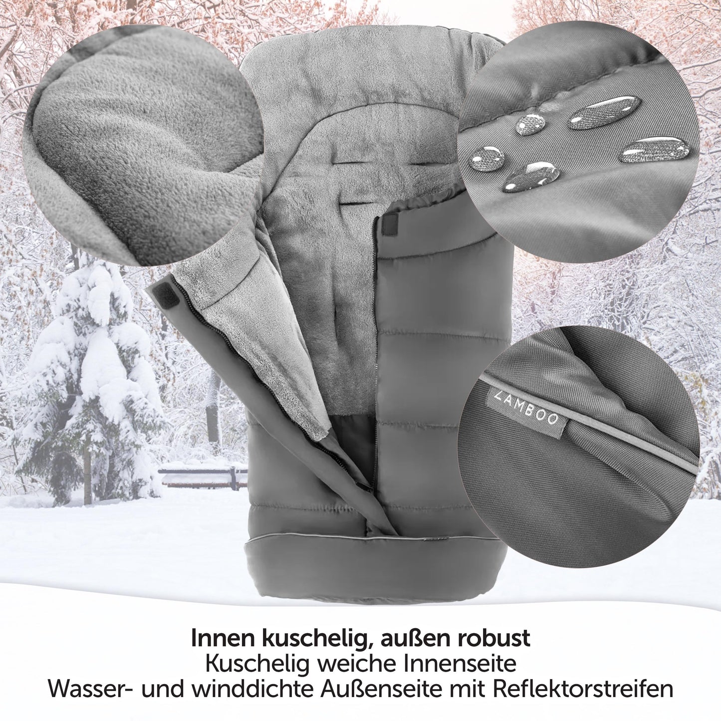 Zamboo footmuff for Joie stroller (fits Litetrax, Mytrax, Chrome) - winter footmuff for strollers, with reflector, hood function & pocket - Grey