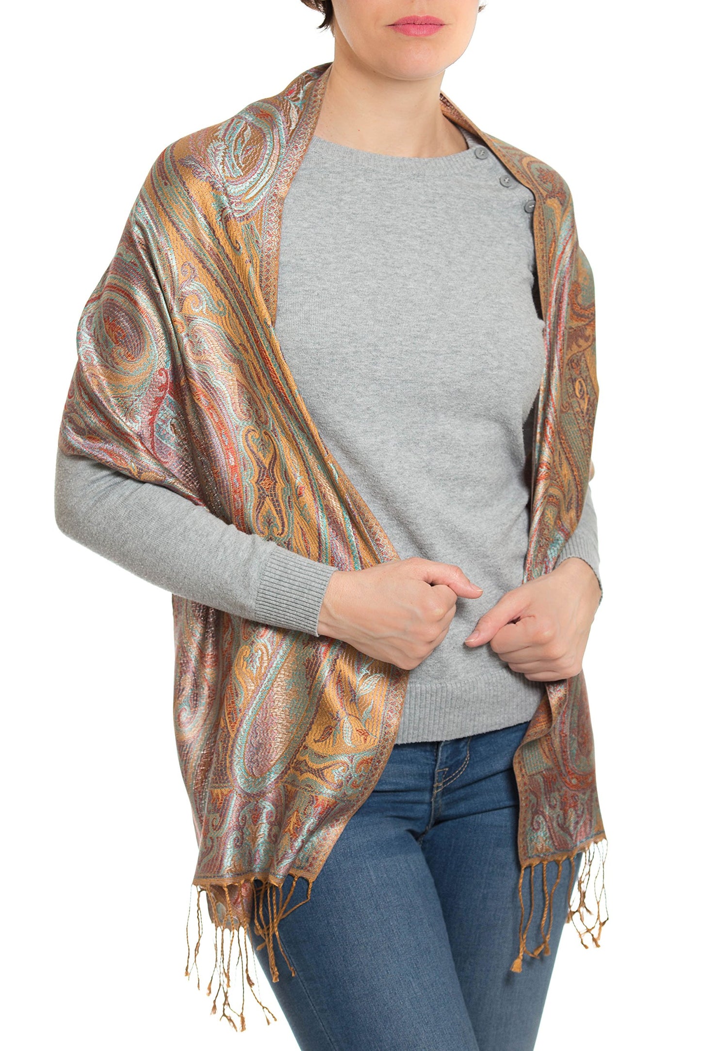 Ufash Pashmina 100% silk scarf from India for women & men, Paisley pattern, 160 x 35 cm - Pure silk scarf, Brown.