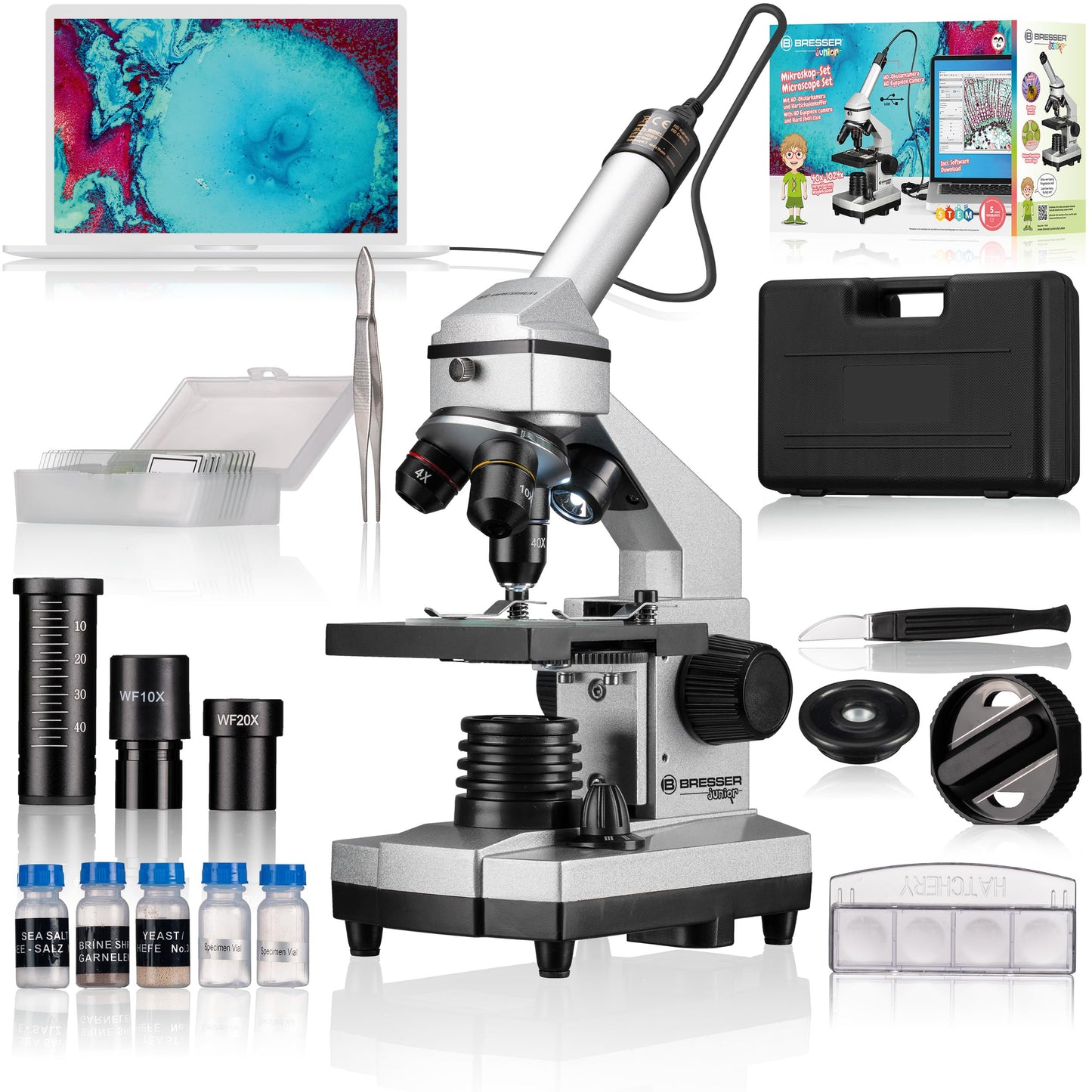 Bresser Junior Microscope Set 40x-1024x with USB camera and bright LED illumination for transmitted light observations, includes comprehensive accessory package and sturdy hard-shell case.