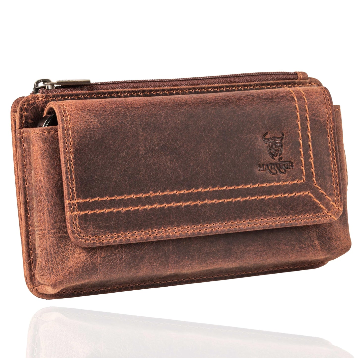 MATADOR 2in1 genuine leather phone case belt with zipper pocket #Brisbane, with elegant gift box and RFID protection. Stylish leather phone belt for smartphones up to 6.9 inches in Vintage Brown.