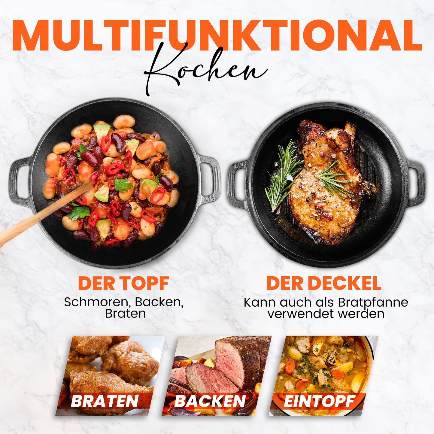 KICHLY 2 in 1 Cast Iron Pot with Dual Purpose Grill Pan Lid - Pre-Seasoned Cast Iron Dutch Oven - Baking Bread, Cooking, Frying, Stewing & Grilling - Indoor and Outdoor use.