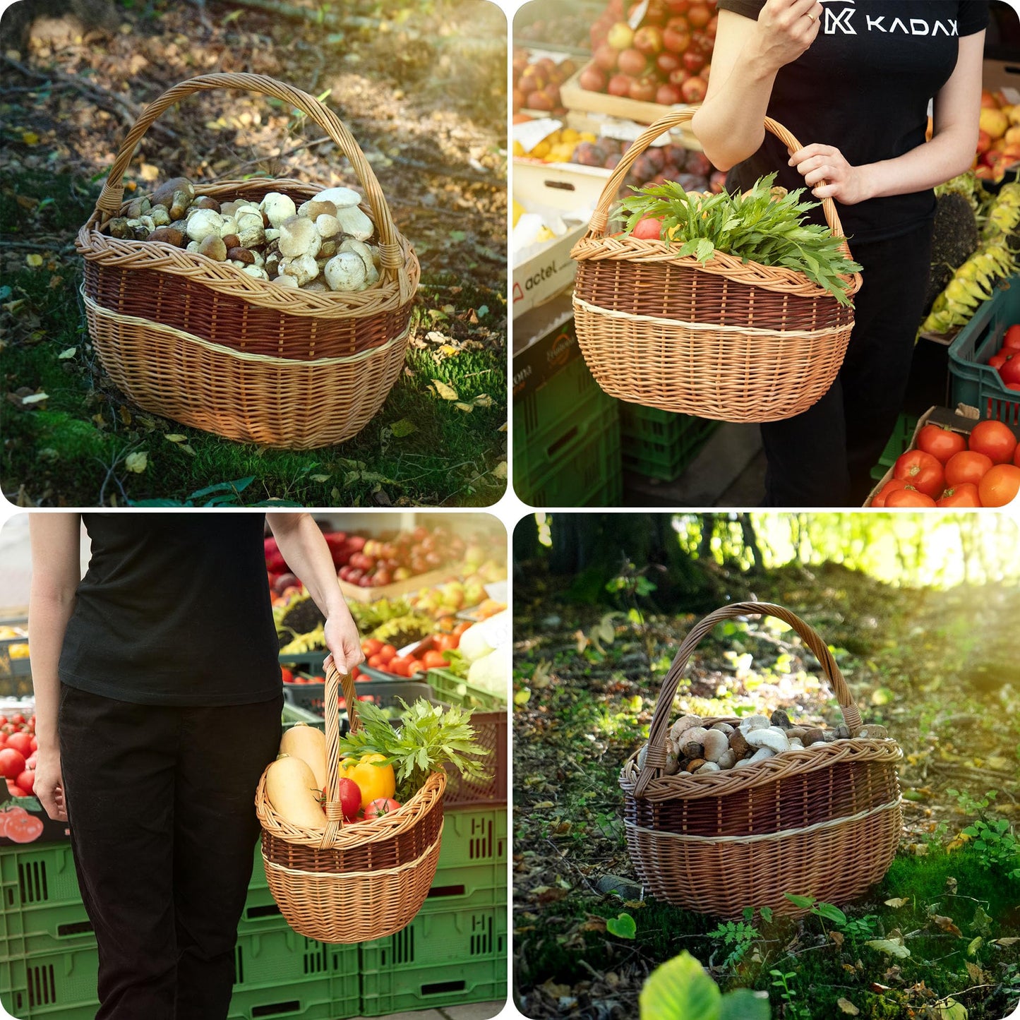 KADAX wicker basket for mushrooms, oval basket for shopping, sturdy picnic basket with handle, bottle basket, basket for the garden, carry basket (mix, 43x30x43cm)