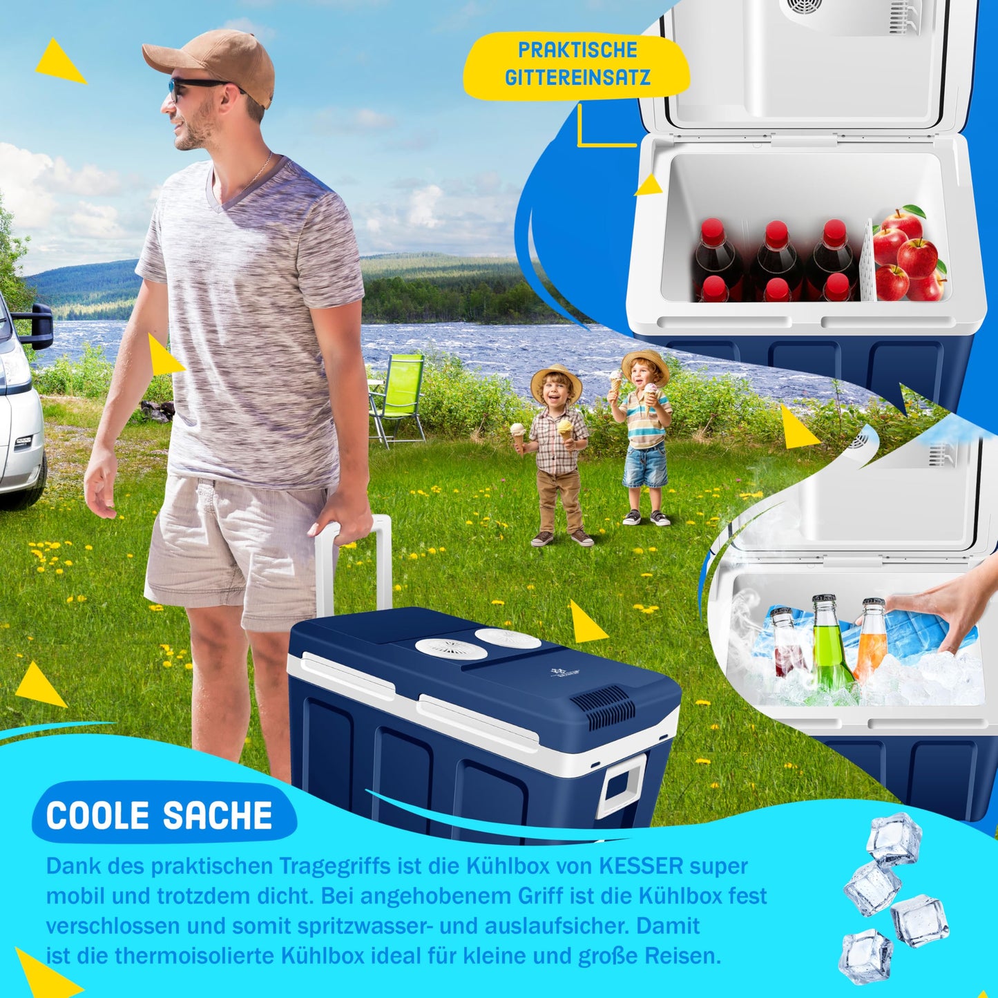 KESSER® 40L Cooler with Wheels | for heating and cooling | Thermo-Electric Cooler | Mini Fridge | 12 & 230V Thermo box for car, camping & socket ECO mode | incl. Cooling packs | Navy Blue