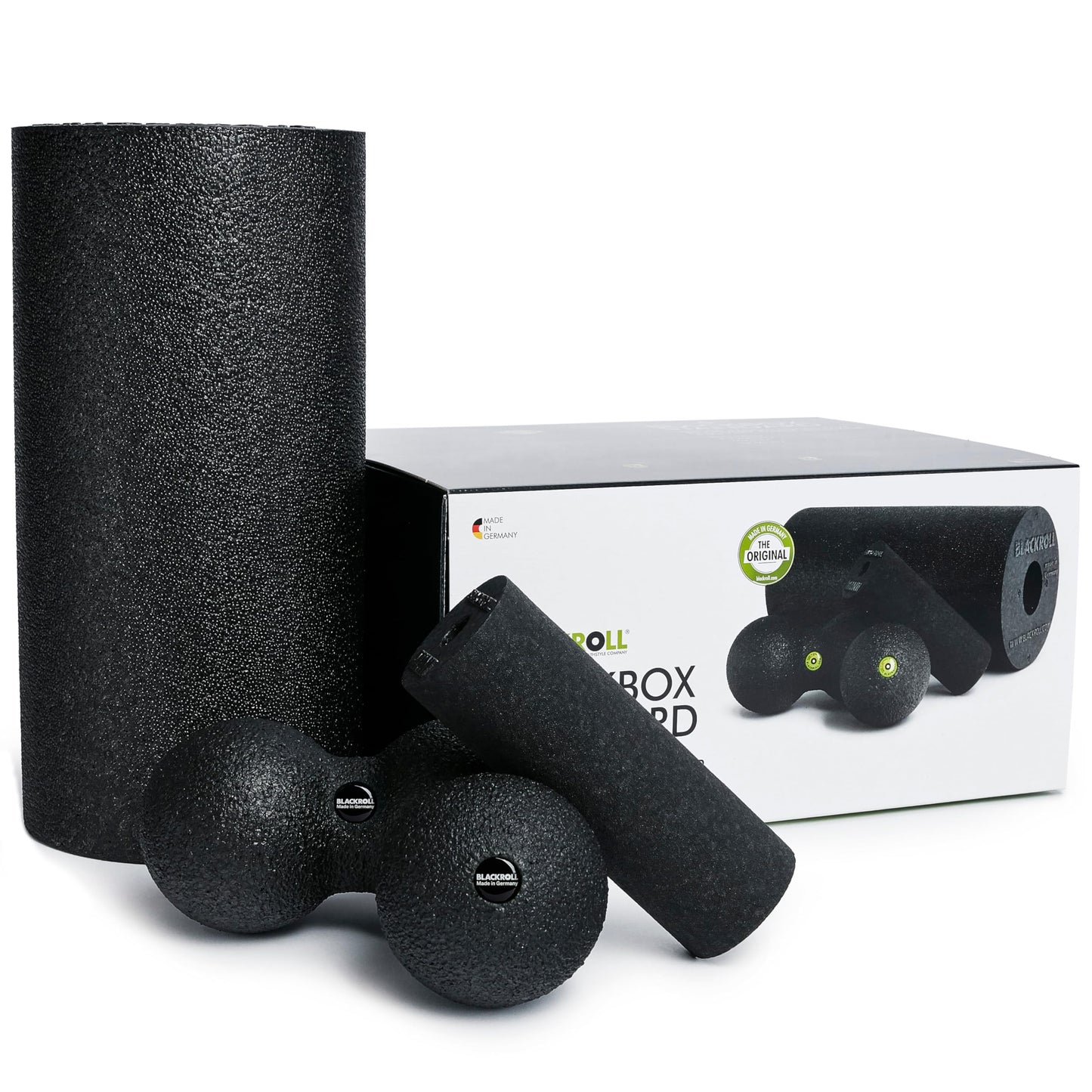 BLACKROLL® BLACKBOX fascia rollers for self-massage: Set includes STANDARD and MINI fascia rollers, BALL 08 fascia ball, and DUOBALL 08 for effective training. Made in Germany.