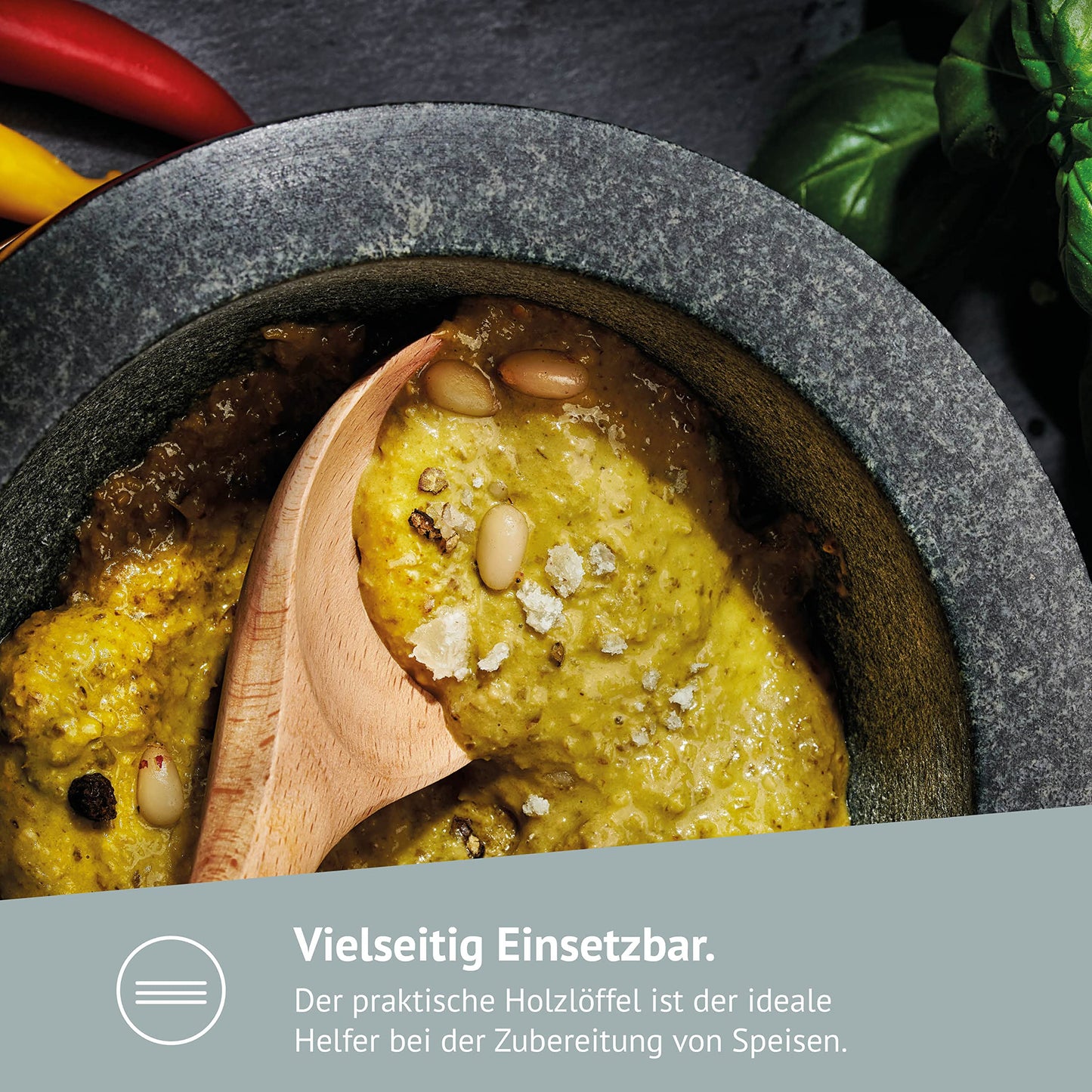 Diemker Premium Granite Mortar and Pestle Set, Γ 14 cm, removable wooden base, wooden spoon, and cleaning brush included. Perfect for grinding spices, nuts, making pesto, and as a grilling accessory.