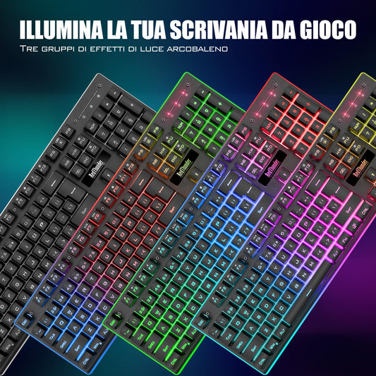 RedThunder K10 Wireless Gaming Keyboard and Mouse, LED backlighting, rechargeable 3800 mAh battery, mechanical feel, Anti-Ghosting + 7D 3200 DPI mouse, QWERTY layout, PC gamer