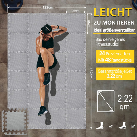 Floor protection mat Fitness Set- 24 puzzle mat - EVA sports mat non-slip fitness mat, floor mat for fitness room & fitness equipment, fall protection mats outdoor & pool underlay mat, gray