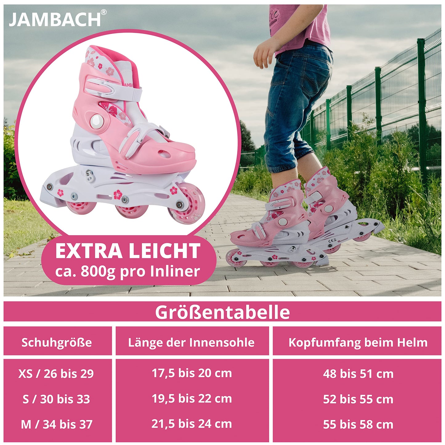 JAMBACH Children's Inline Skates with protective gear, adjustable to roller skates with LED lights (Pink-White, XS (26-29))