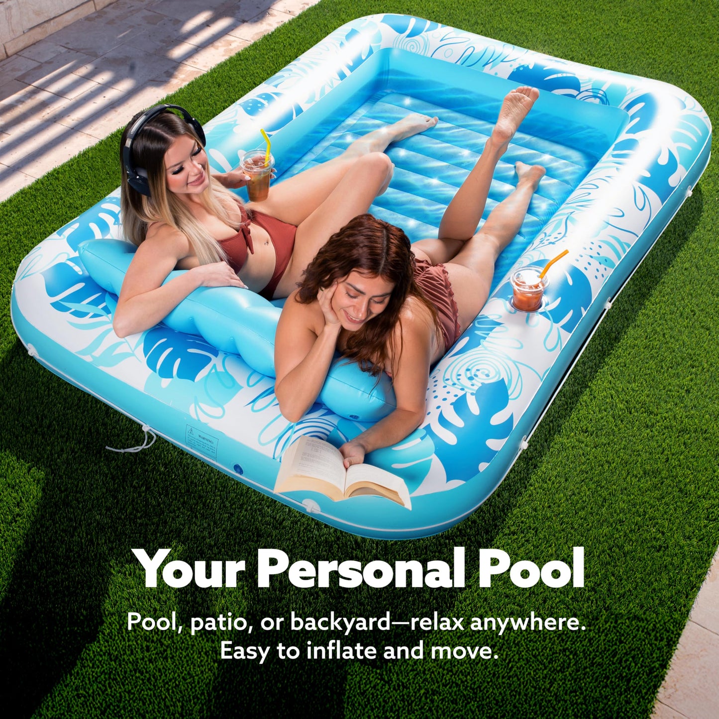 Sloosh 85" x 57"/2.1 * 1.4m Inflatable Sun Pool, Air Mattress Pool, Sunbathing with Removable Pillow, Personal Water Mattress for Adults, Summer Fun, Water Party-Blue
