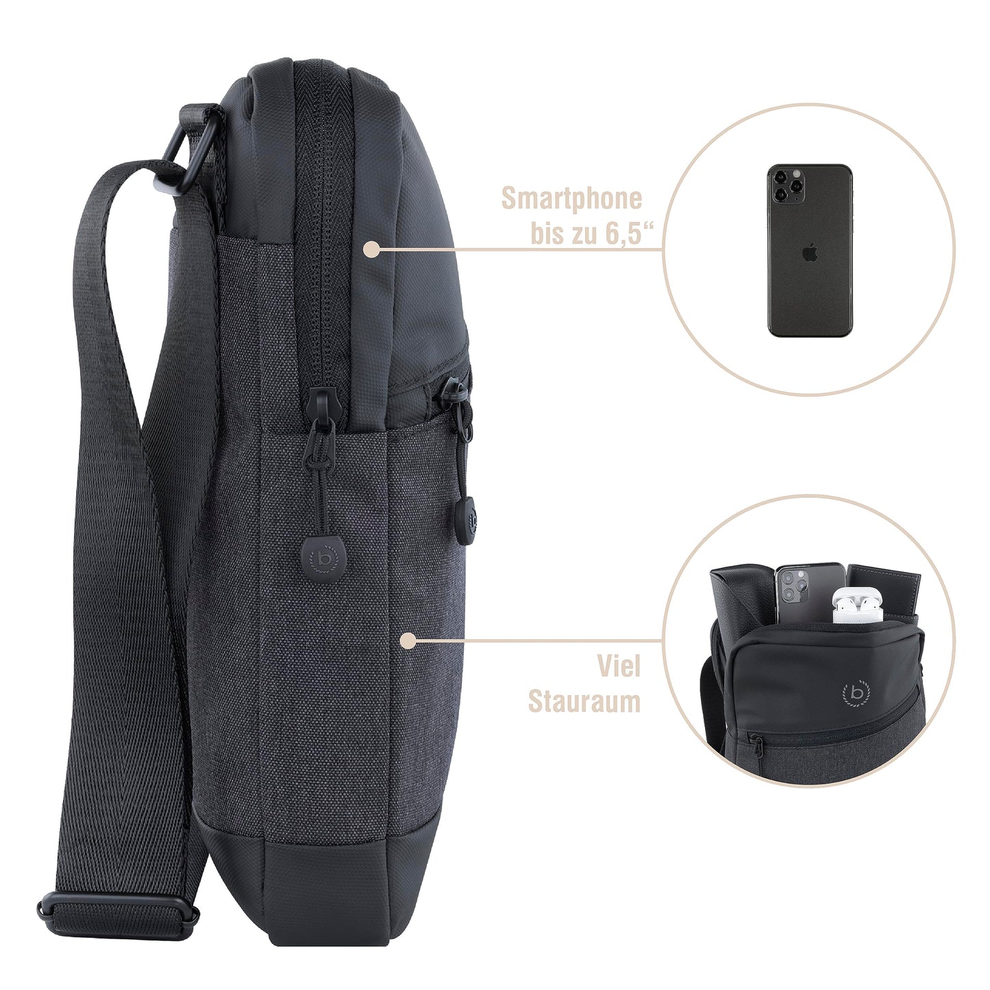 Bugatti's Universe men's shoulder bag with tablet compartment, small black shoulder bag.