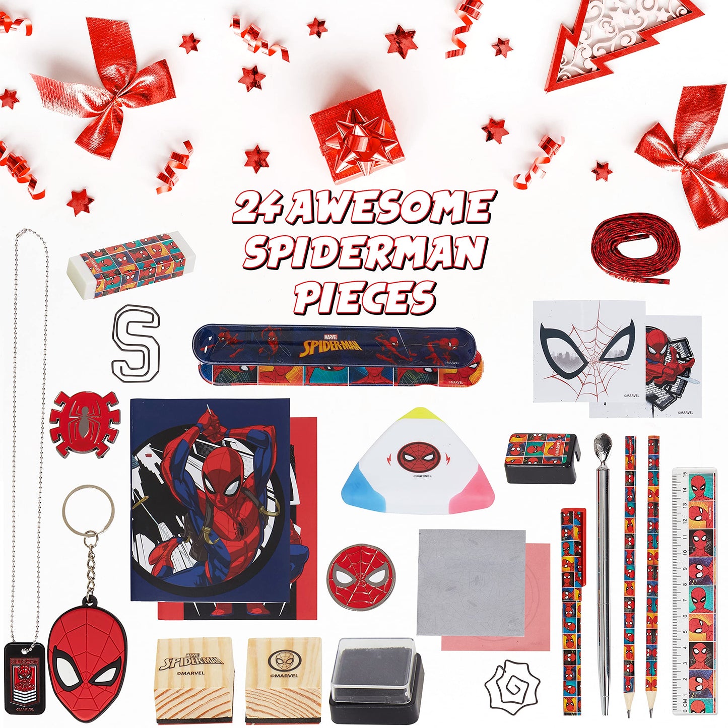 Marvel Spiderman Advent calendar 2025 for kids and teenagers with school supplies, pencils, keychains, stamps, and toys. Great gift idea! (Spiderman Multicolor)