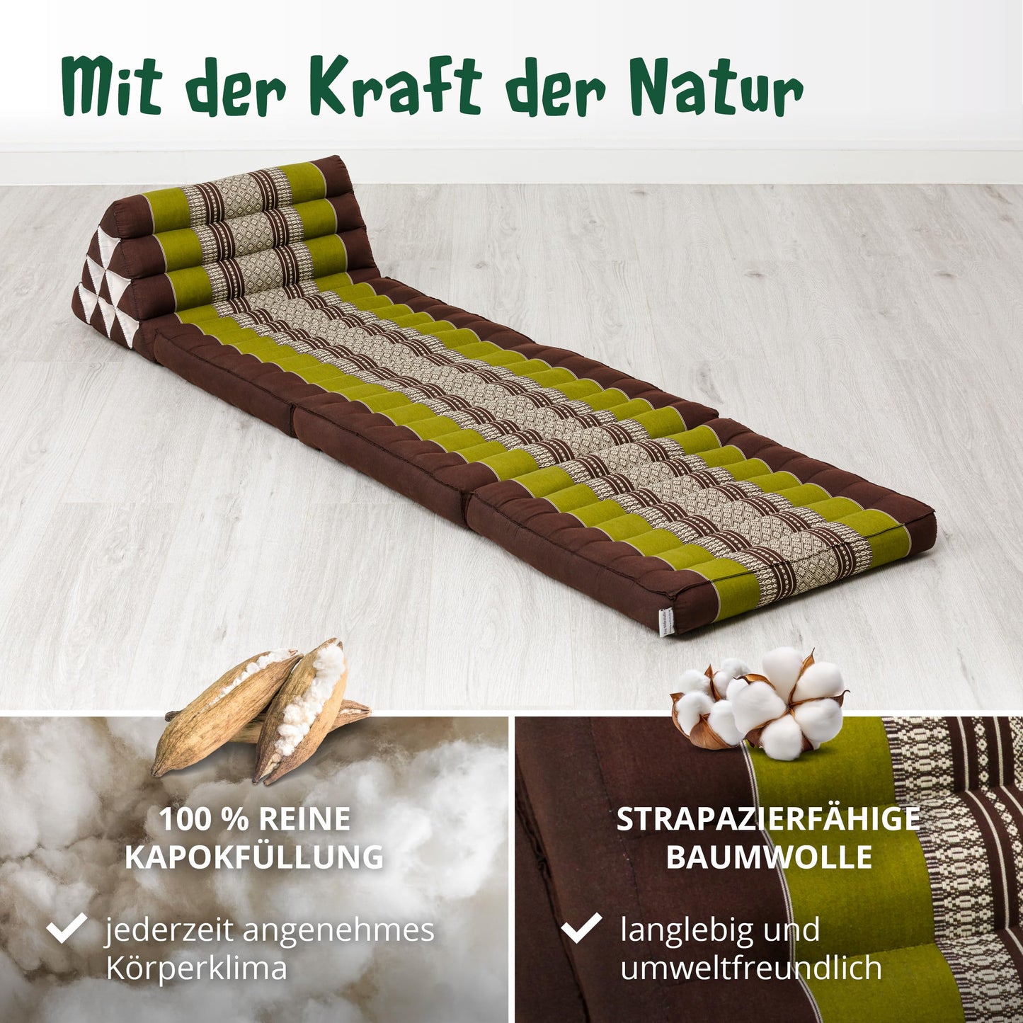 livasia Thai pillow with 3 cushions - 175x50x8cm - triangle pillow with folding mattress, wedge pillow kapok, foldable back pillow, Thai mat for folding, handcrafted, meditation pillow (brown/green)