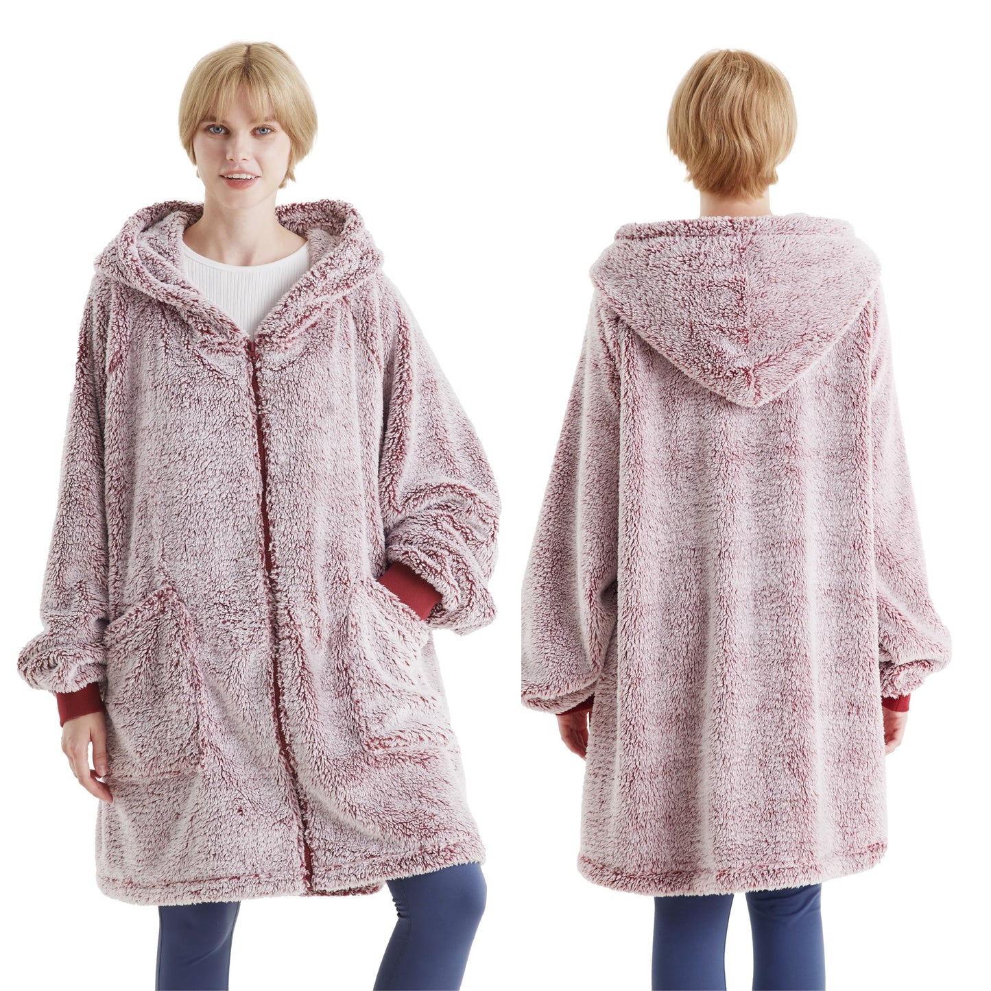 BEDSURE Hoodie Blanket with Sleeves - Sherpa Snuggle Blanket with Sleeves Snuggle Sweater Wearable Blanket Hoodie as Gifts for Women, Red