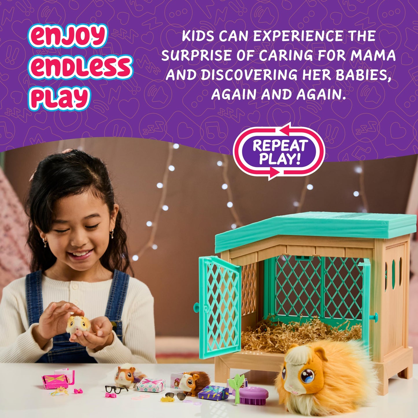 Little Live Pets - Mama Surprise | Interactive mom guinea pig with stable and 3 surprise babies. Over 20 sounds and reactions, repeatable play patterns, 5 years / 60 months.
