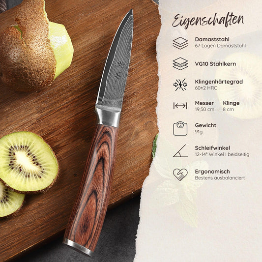 Wakoli EDIB Damascus knife vegetable knife 8.5cm - Sharp office & peeling knife made of 67 layers of Damascus steel with VG10 core and Pakkawood handle - Small kitchen knife for vegetables & fruits - Gift idea