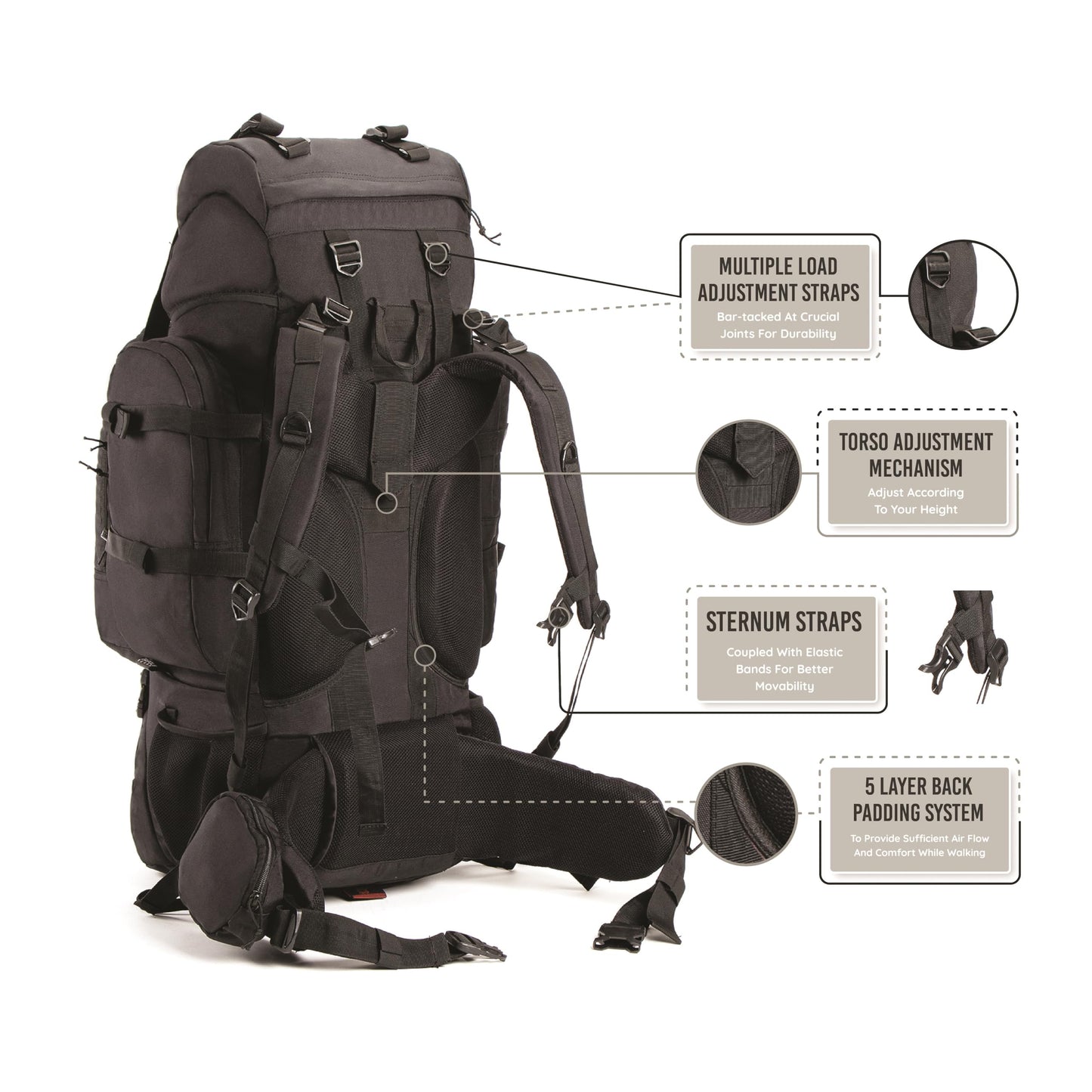 Tripole backpack Colonel 95 liters with detachable daypack - hiking, trekking, traveling, camping, waterproof, with breathable back panel, black.